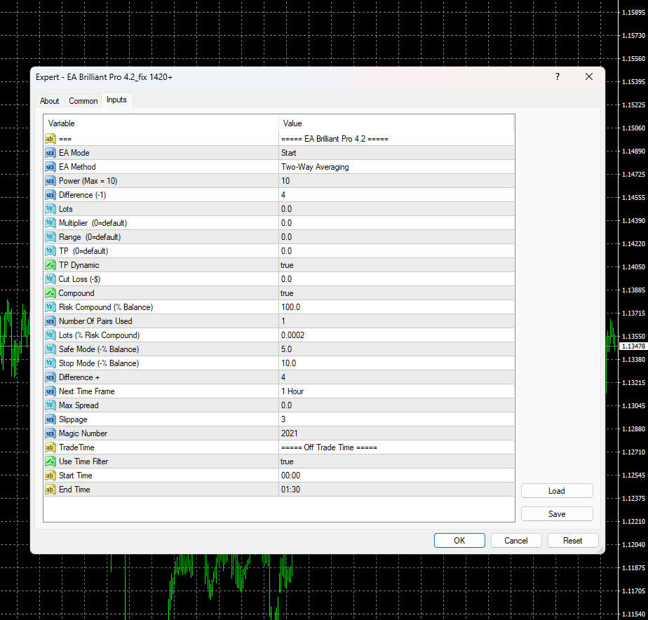 EA Brilliant Pro MT4 input parameters - Power 10, Safe Mode 5%, Stop Mode 10%, Risk Compound 0.0002