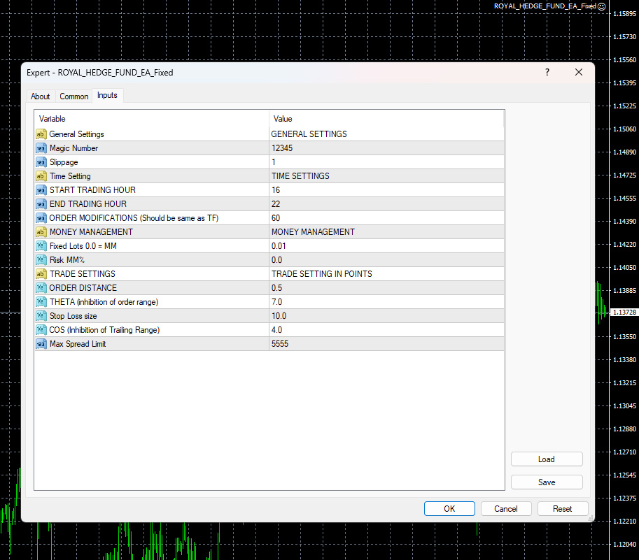 Royal Hedge Fund EA MT4 input parameters showing magic number slippage trading hours and money management settings