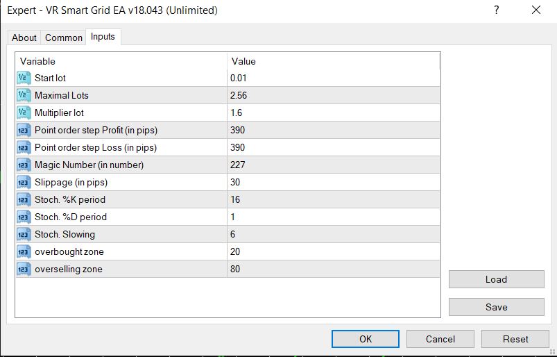 VR Smart Grid EA MT4 input parameters - lot sizing and grid configuration settings