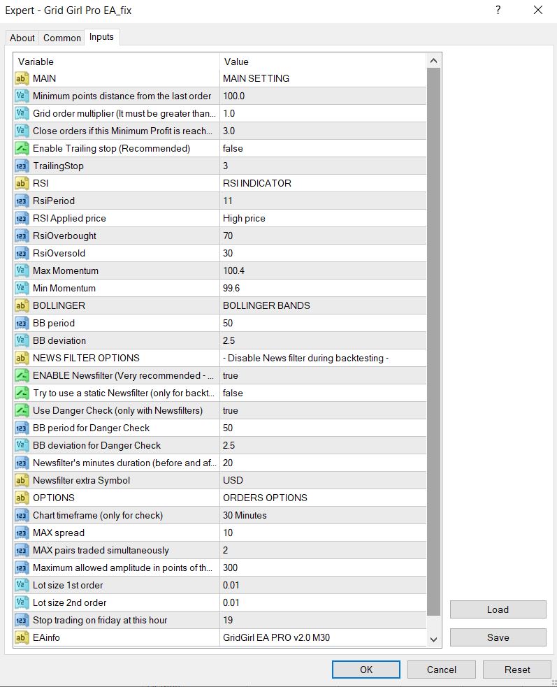 Grid Girl Pro EA MT4 input parameters configuration panel
