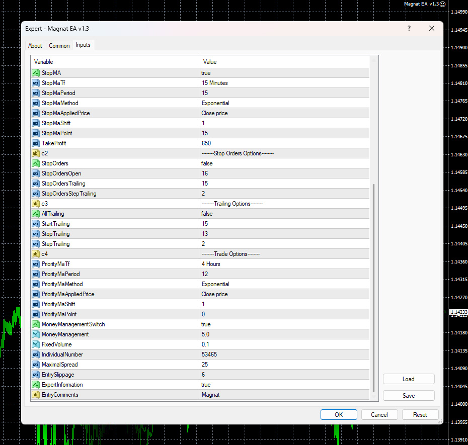 Magnat EA MT4 v1.3 input parameters page 2 showing trailing stop, money management, and trade options