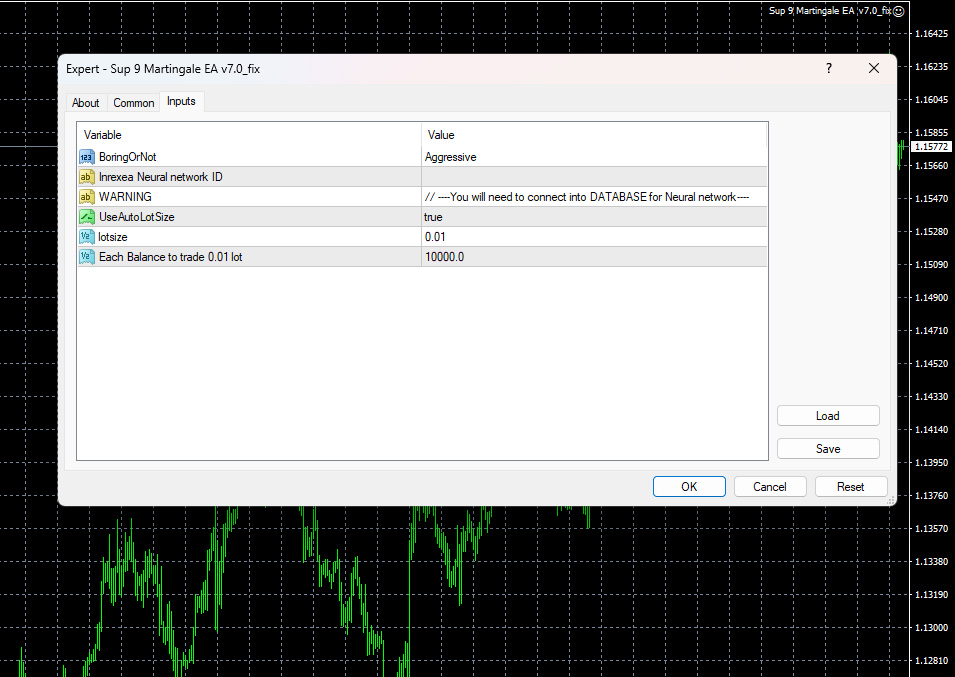 Sup 9 Martingale EA MT4 input parameters - UseAutoLotSize aggressive mode neural network settings