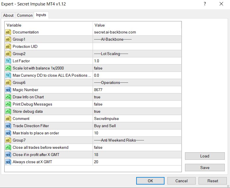 Secret Impulse EA MT4 v1.12 parameter settings - lot factor risk controls