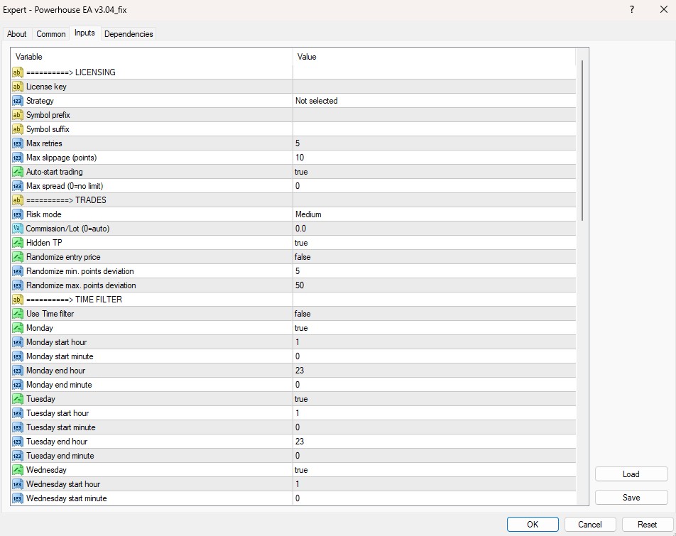 Powerhouse EA MT4 input parameters - risk mode, time filter, slippage and entry settings
