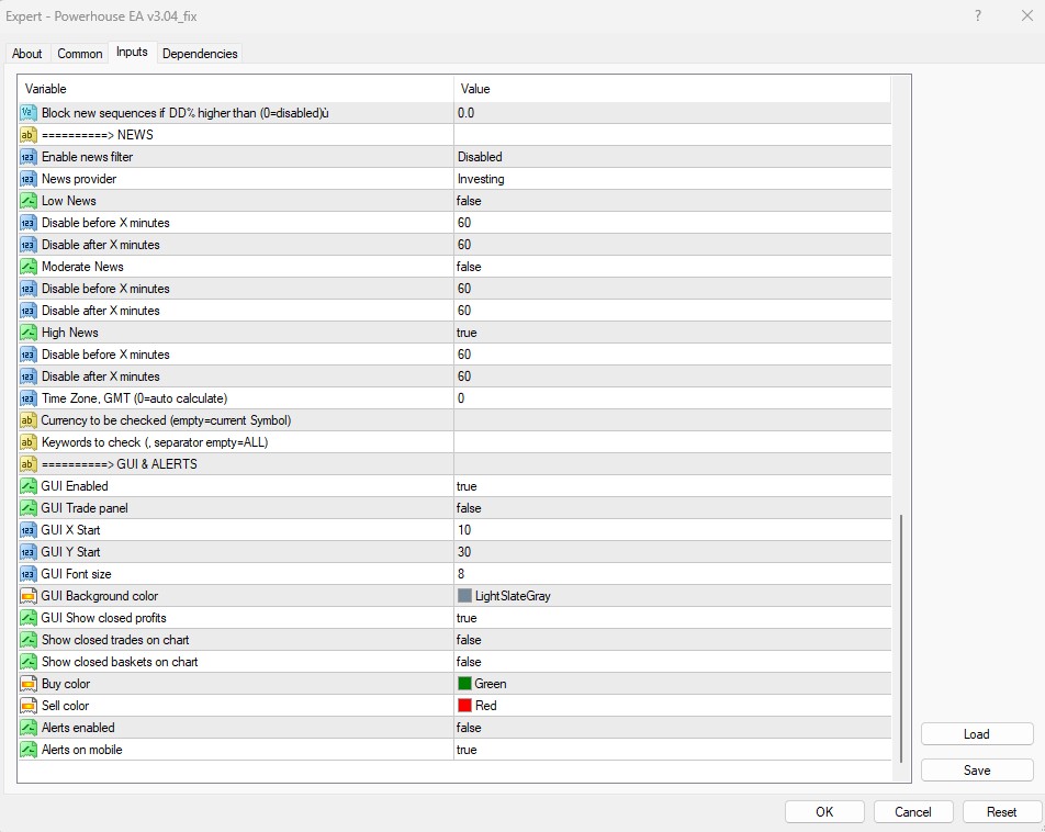 Powerhouse EA MT4 news filter and GUI settings - high news filter enabled, 60 min pre and post pause