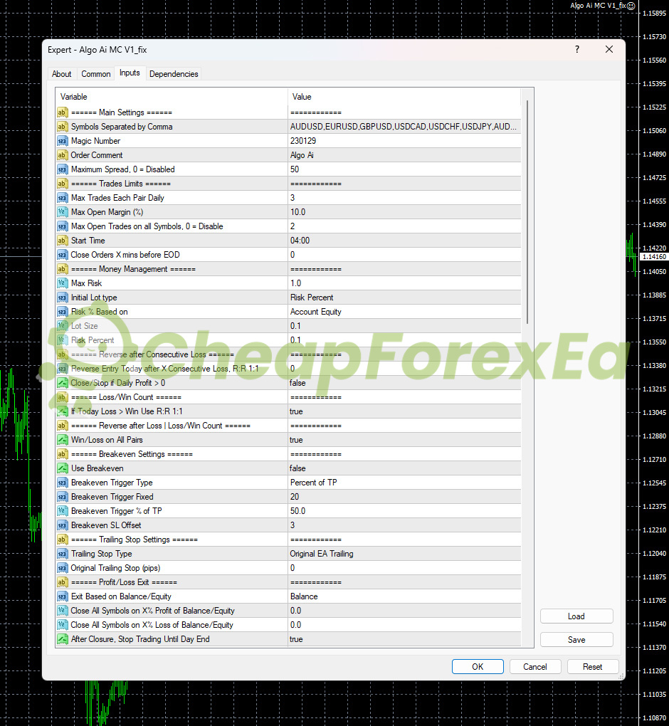 Algo EA AI MC MT4 input parameters settings panel - main settings and money management