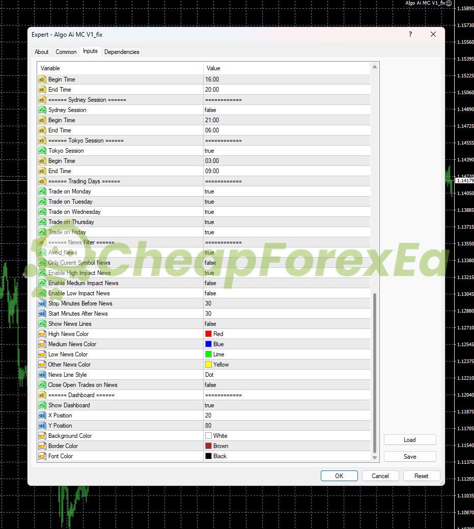 Algo EA AI MC MT4 input parameters panel 3 - news filter and dashboard display settings