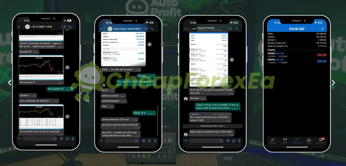 AutoProfitFX EA V1.2 MT4 Signal - multi-account WhatsApp trading activity and live balance screenshots