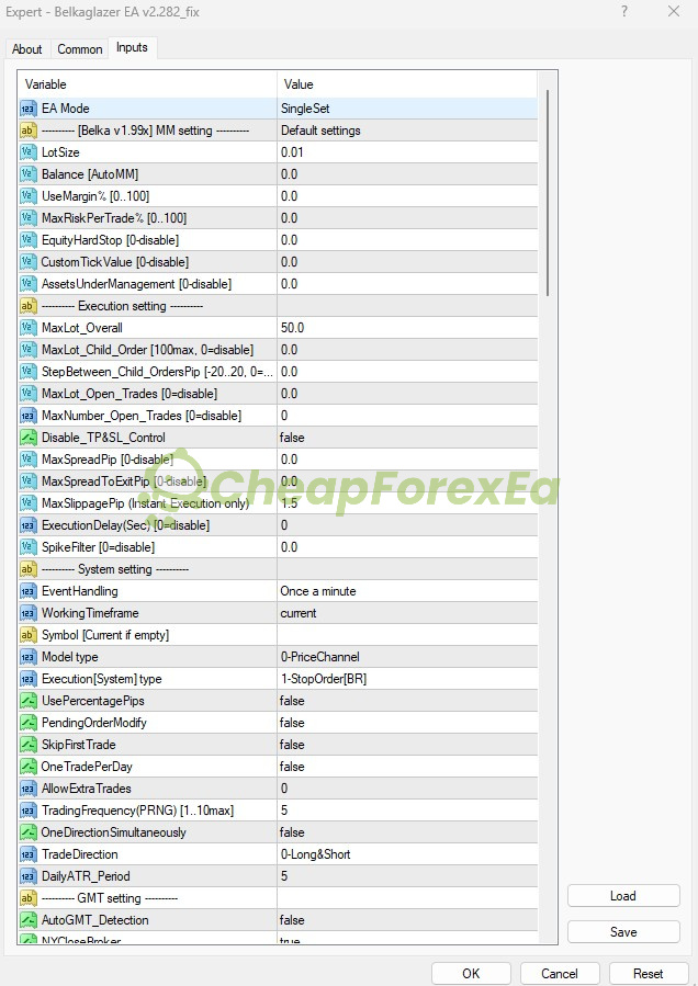 Belkaglazer EA MT4 v2.282 input parameters EA Mode SingleSet lot size money management settings