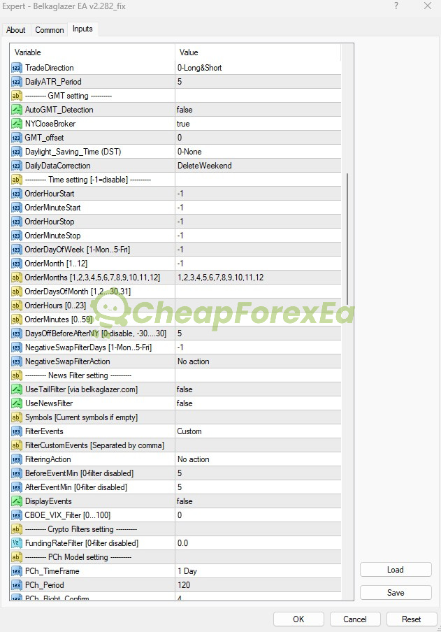 Belkaglazer EA MT4 v2.282 GMT settings news filter PCh model parameters TradeDirection input screen