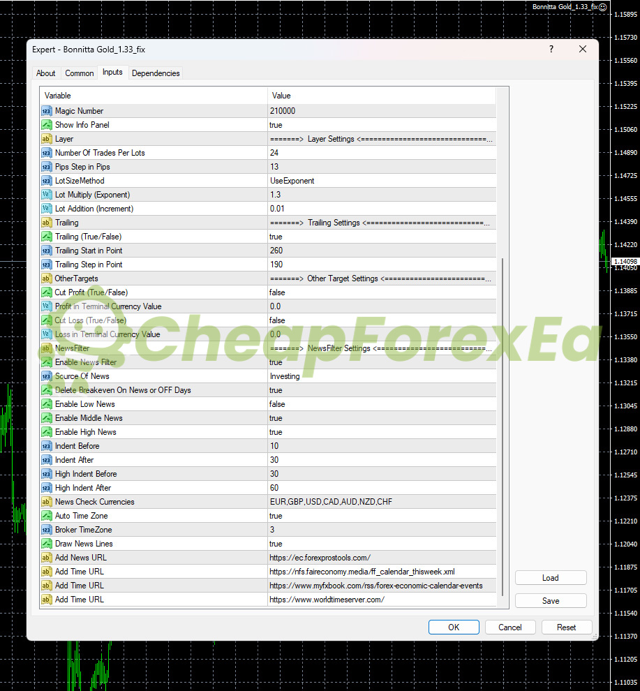 Bonnitta Gold EA MT4 inputs 2 news filter settings layer configuration broker timezone