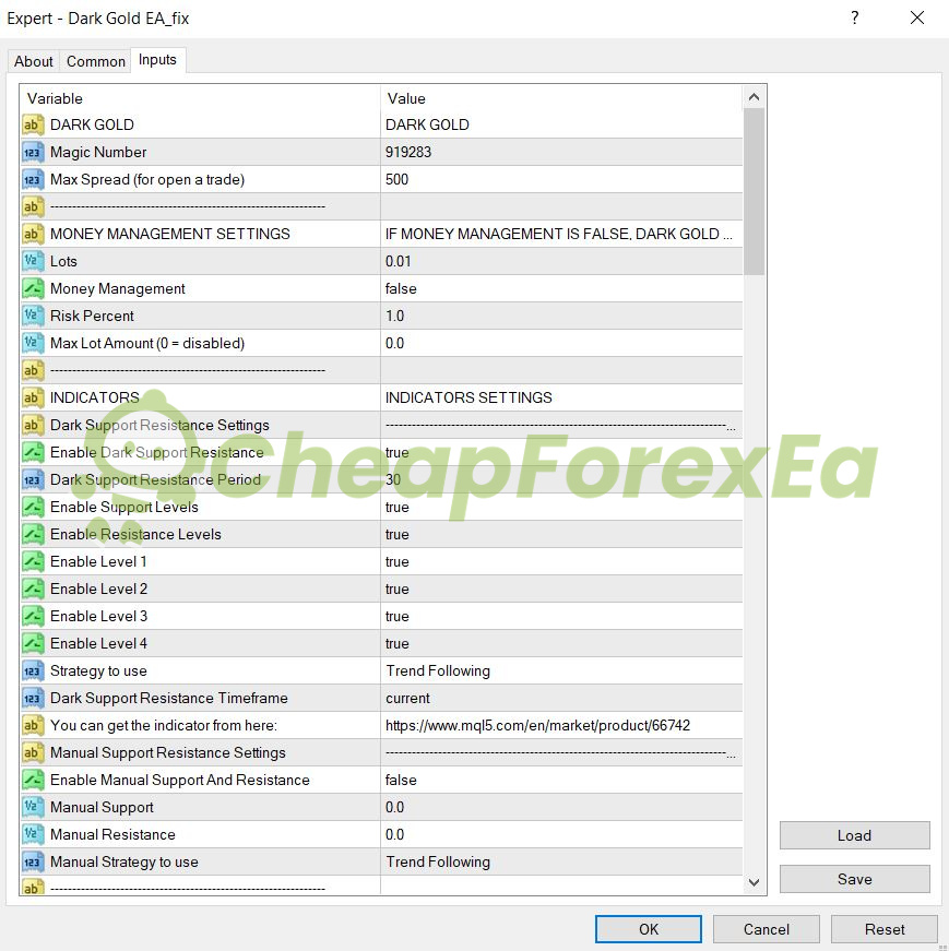 Dark Gold EA MT4 input parameters showing money management settings support resistance configuration and strategy settings