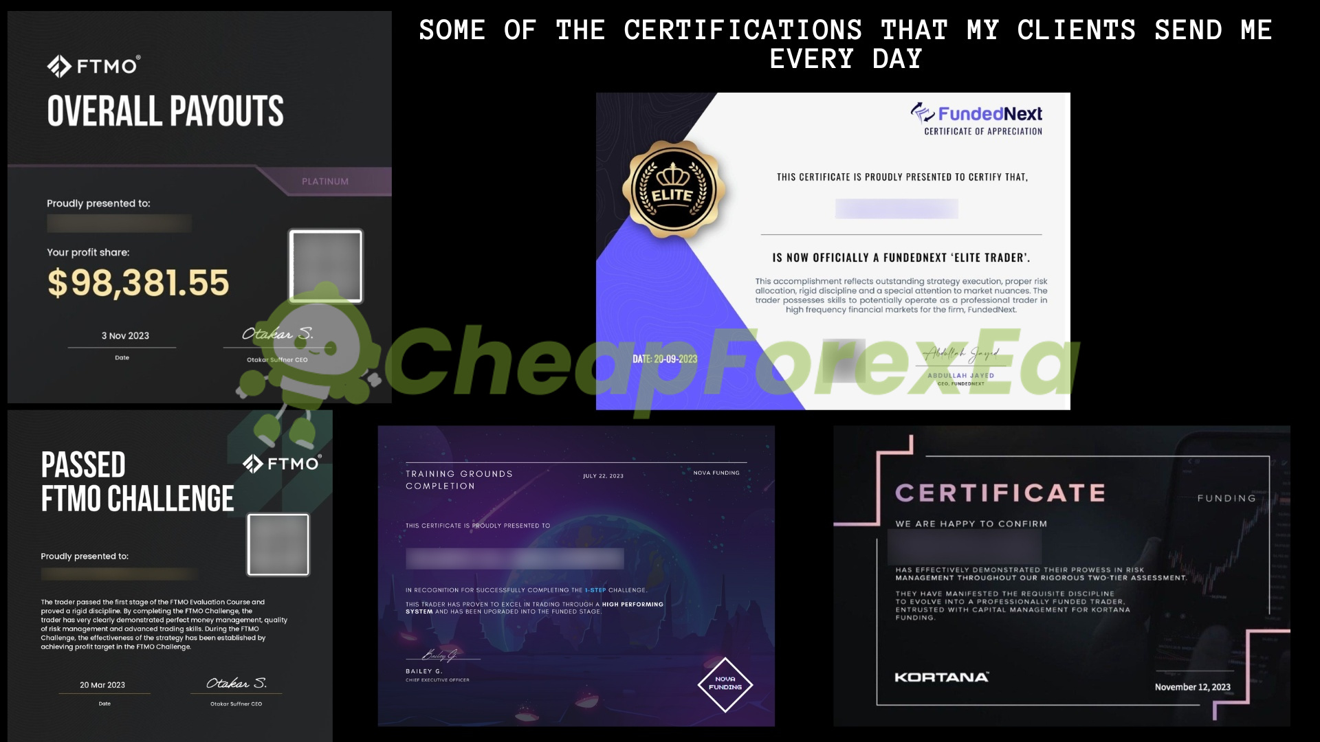 Dark Gold EA MT4 prop firm certifications including FTMO Platinum payout $98381 FundedNext Elite and Kortana 2023