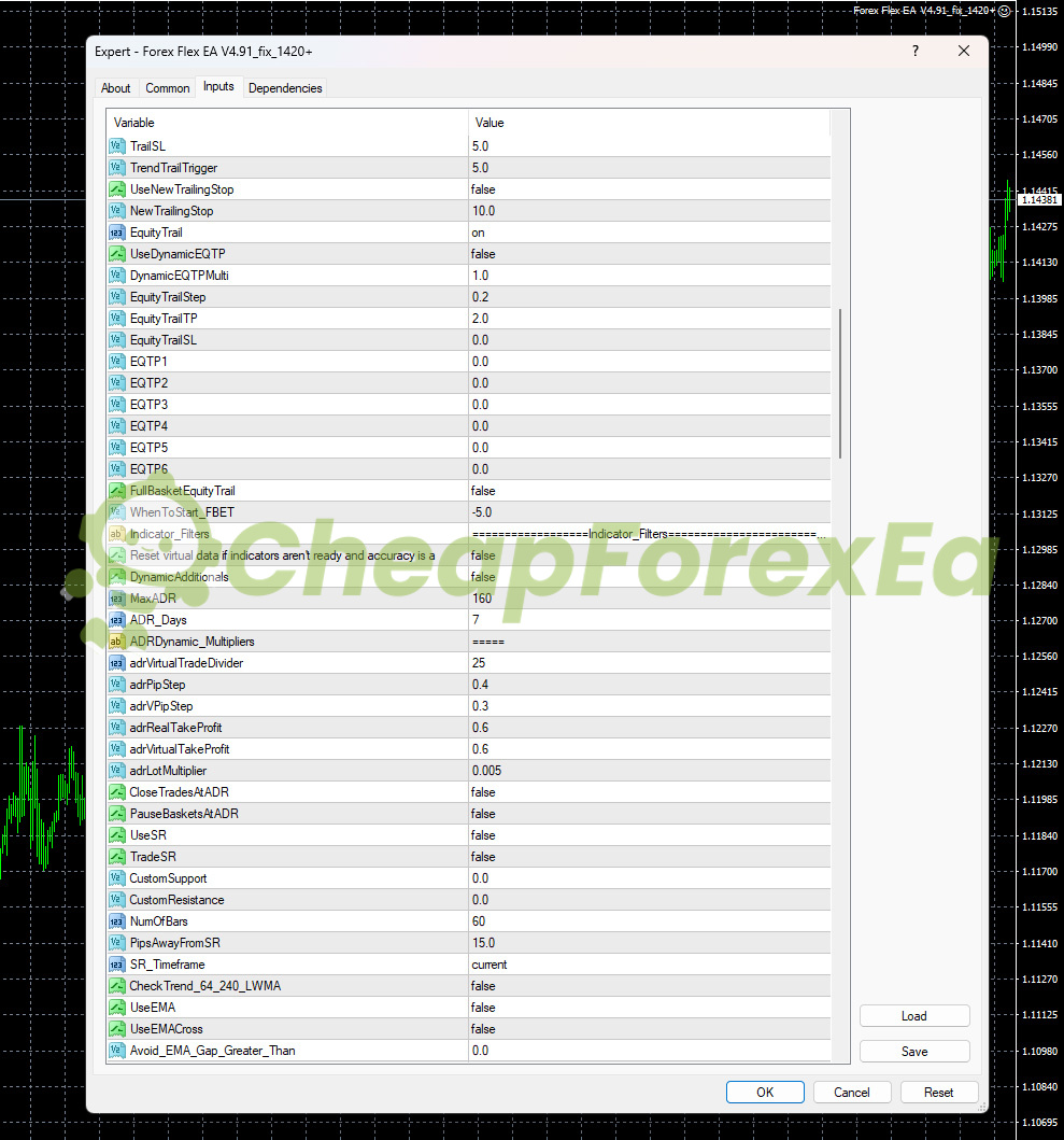 Forex Flex EA trailing stop settings - EquityTrail enabled, 0.2% separation, 2% target profit configuration