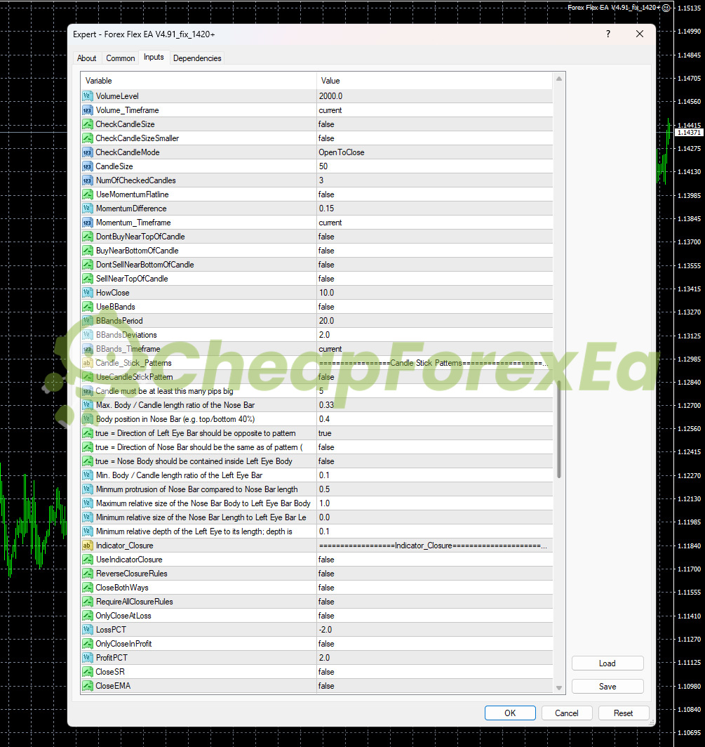 Forex Flex EA volume and candle filters - 2000 volume level, momentum detection, BBands disabled