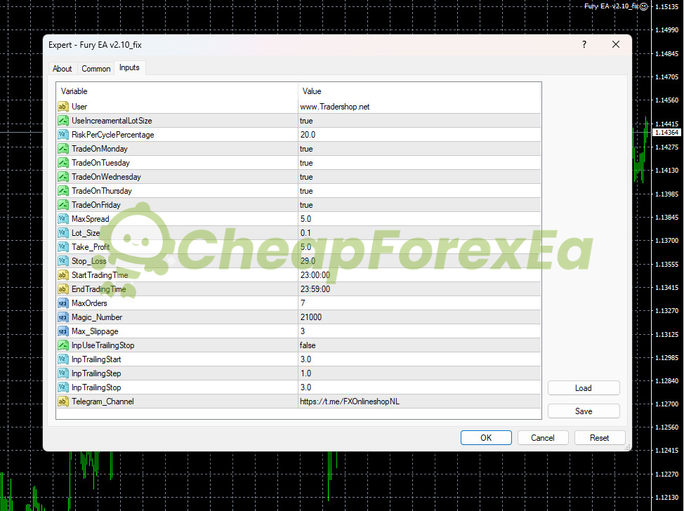 Forex Fury EA input parameters showing risk settings and trading schedule configuration