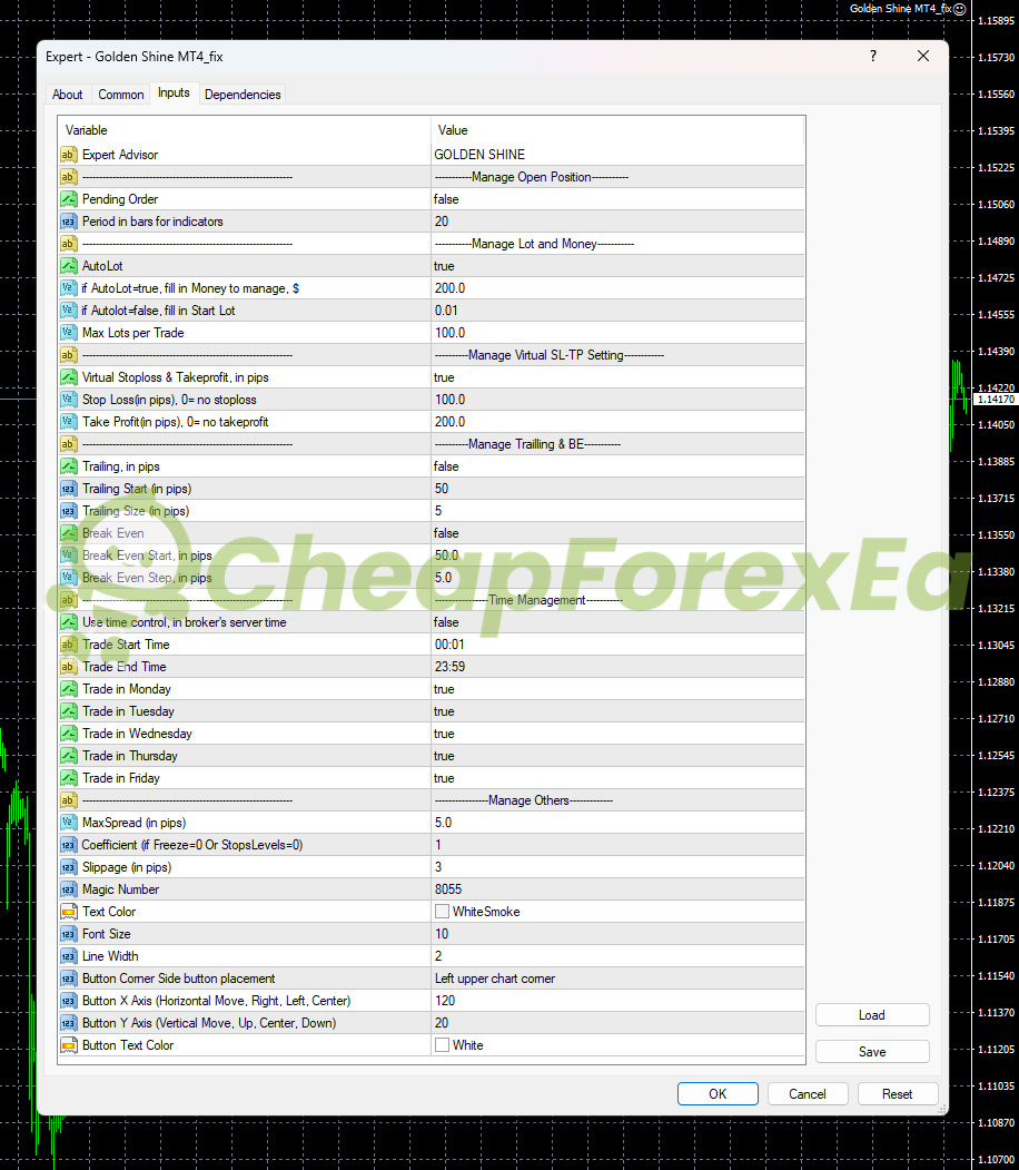 Golden Shine EA MT4 input parameters - AutoLot $200, SL 100 pips, TP 200 pips, MaxSpread 5 pips