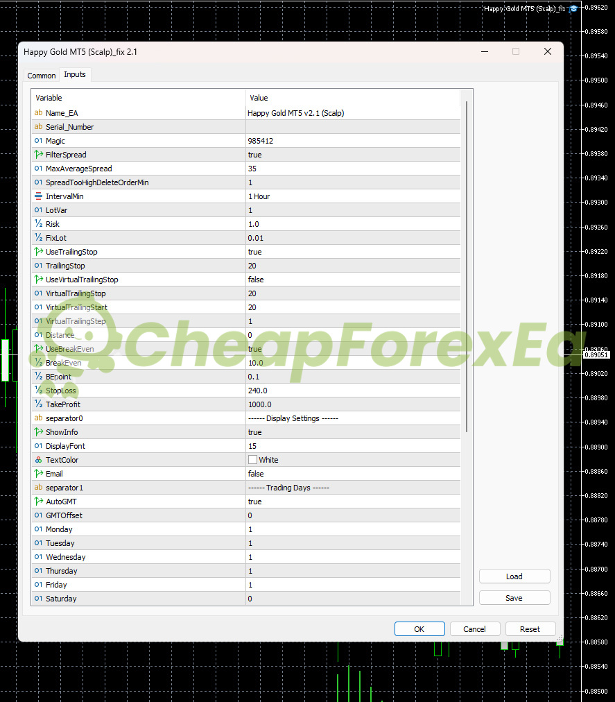 Happy Gold EA MT5 input parameters configuration settings Risk 1.0 StopLoss 240 TakeProfit 1000