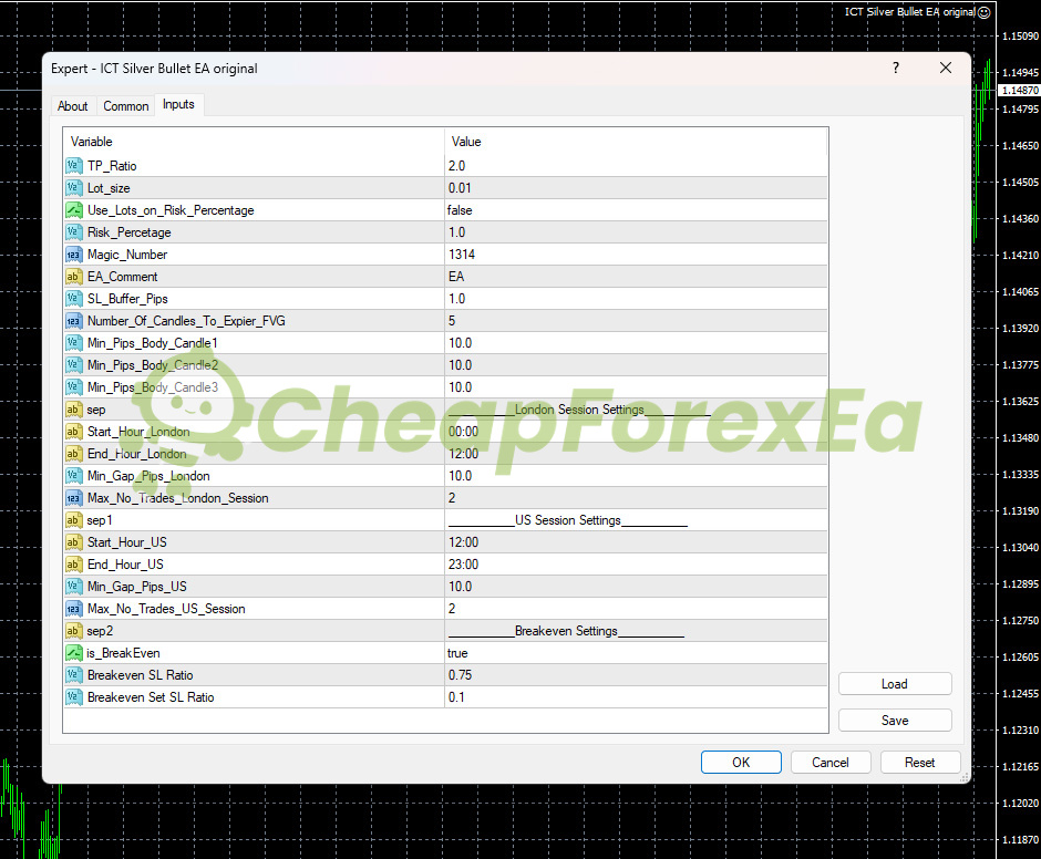ICT Silver Bullet EA MT4 input parameters showing TP ratio, lot size, session hours and breakeven settings