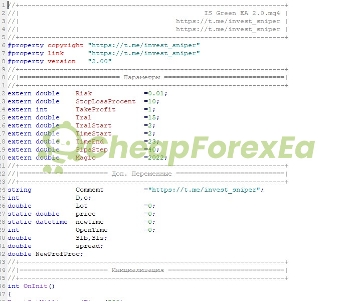 IS Green EA MQ4 input parameters source code - Risk 0.01, StopLossPercent 10, TakeProfit 1, Tral 15