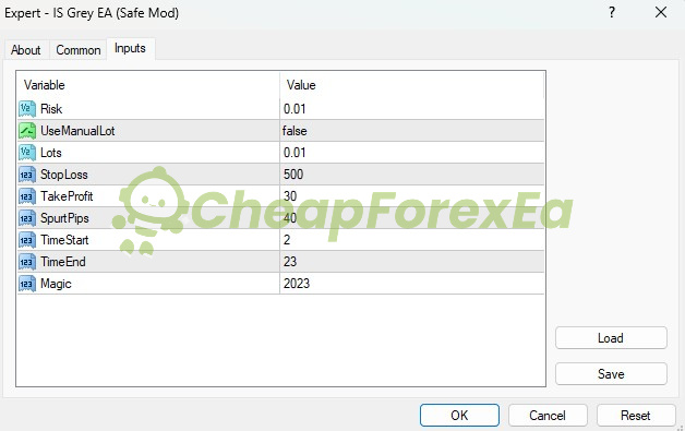 IS Grey EA Source Code MQ4 input parameters - Risk 0.01, StopLoss 500, TakeProfit 30, SpurtPips 40