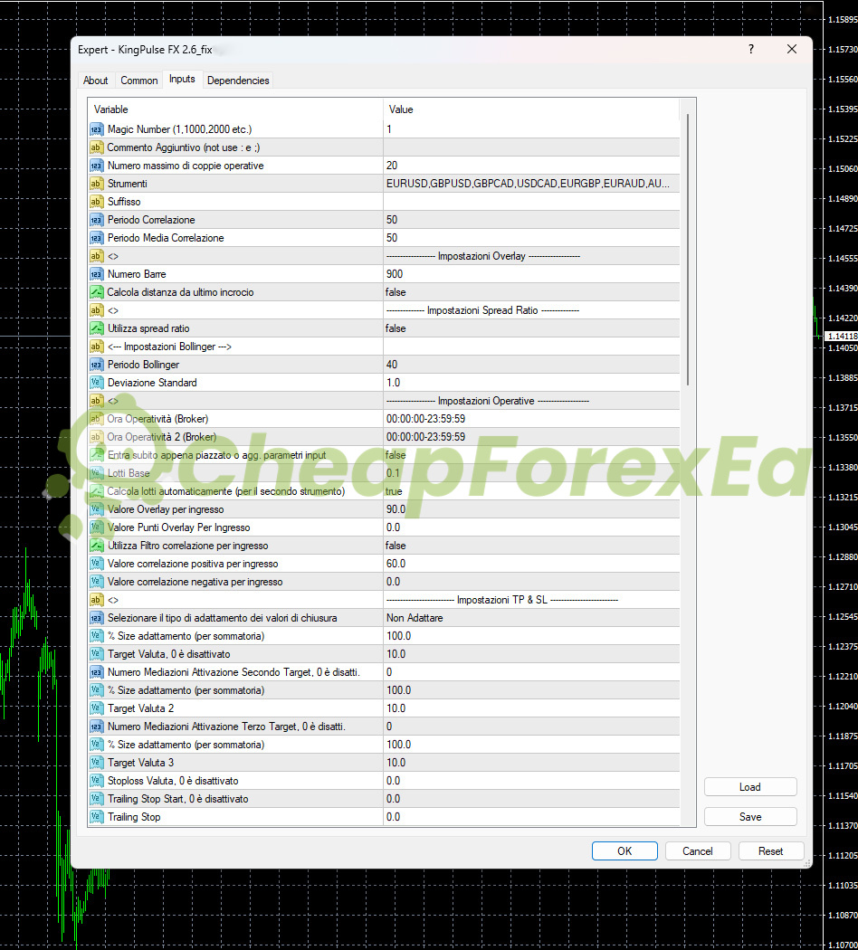 KingPulse FX EA MT4 input parameters page 1 - pairs, Bollinger settings, overlay entry threshold, lot size