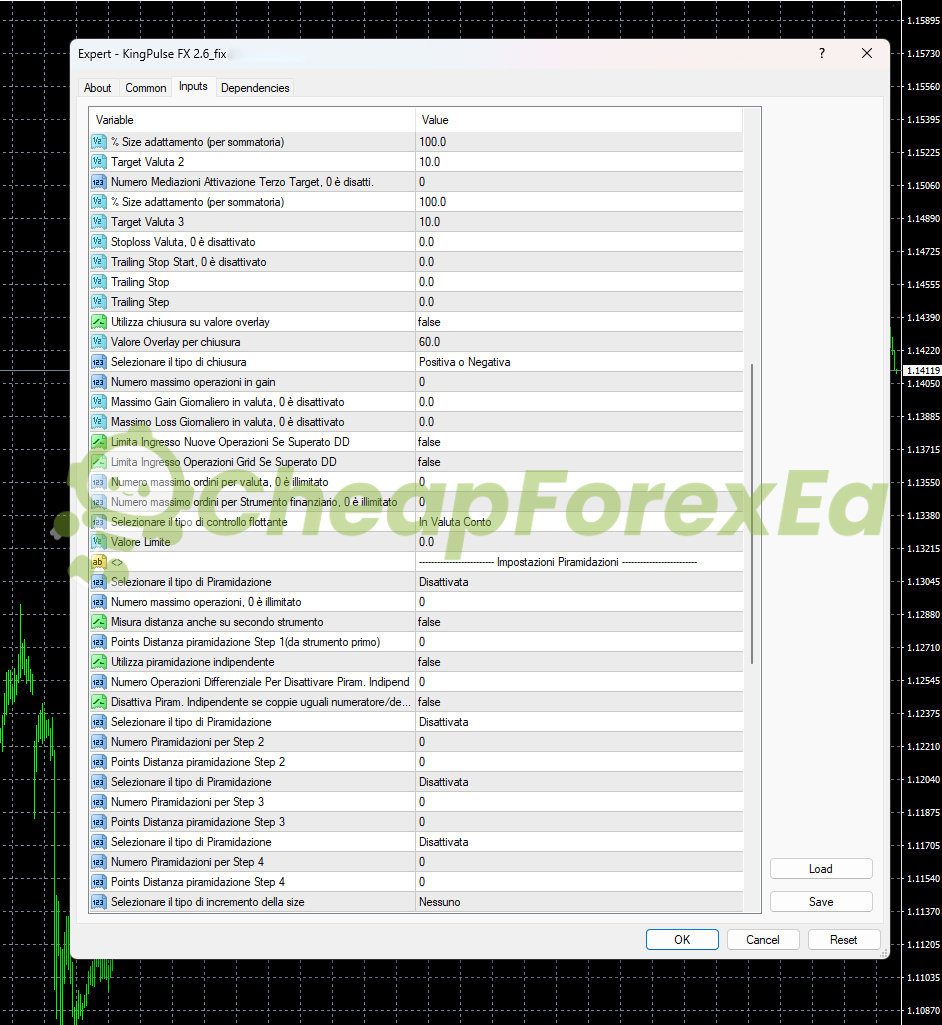 KingPulse FX EA MT4 input parameters page 2 - target settings, stop loss, trailing stop, DD limiter, pyramiding