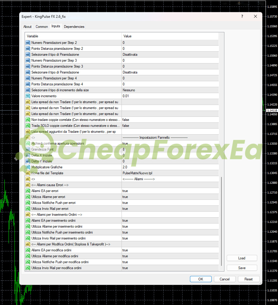 KingPulse FX EA MT4 input parameters page 3 - notification settings, alert types, display options