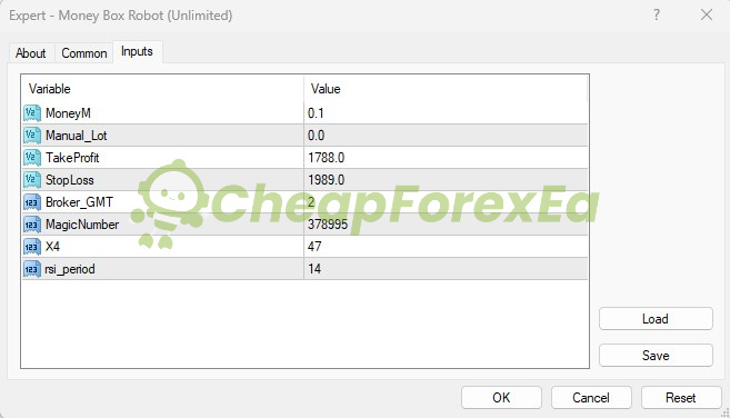 Money Box Robot MT4 EA input parameters - MoneyM 0.1, TakeProfit 1788, StopLoss 1989, RSI 14