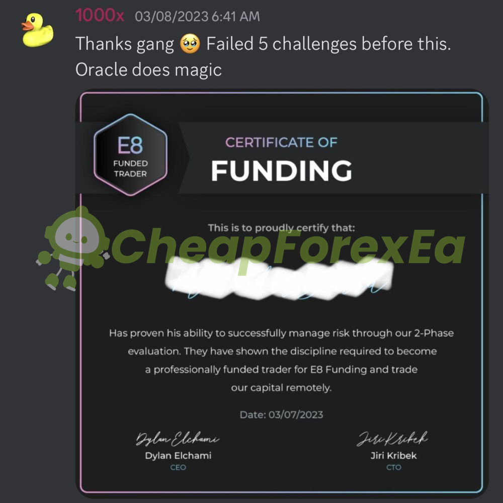 Oracle FTMO EA MT4 E8 Funding certificate of funding passed 2-phase evaluation March 2023 failed 5 challenges