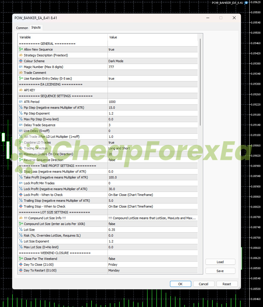 POW Banker EA MT5 settings - EMA, ADX, Bollinger Bands filter configuration