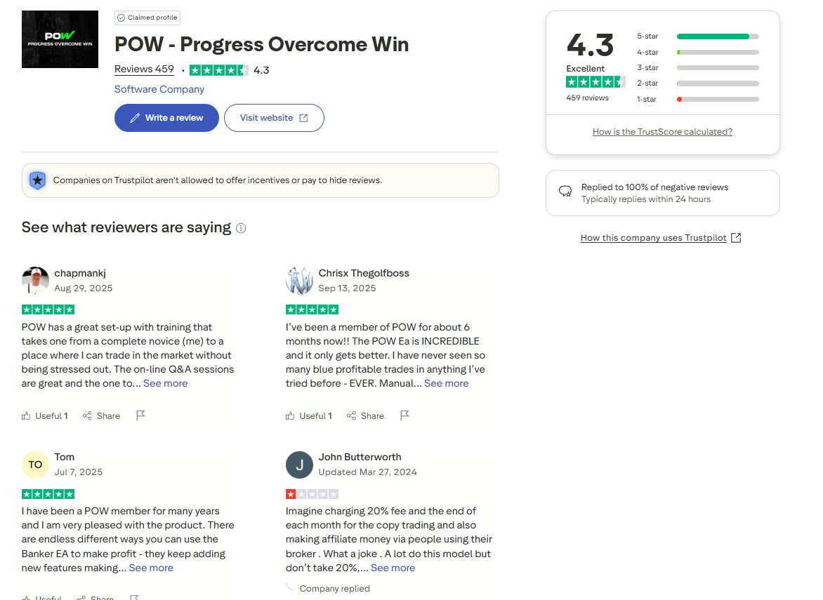 POW Banker EA user reviews from Trustpilot - 4.3 star rating from 459 reviews