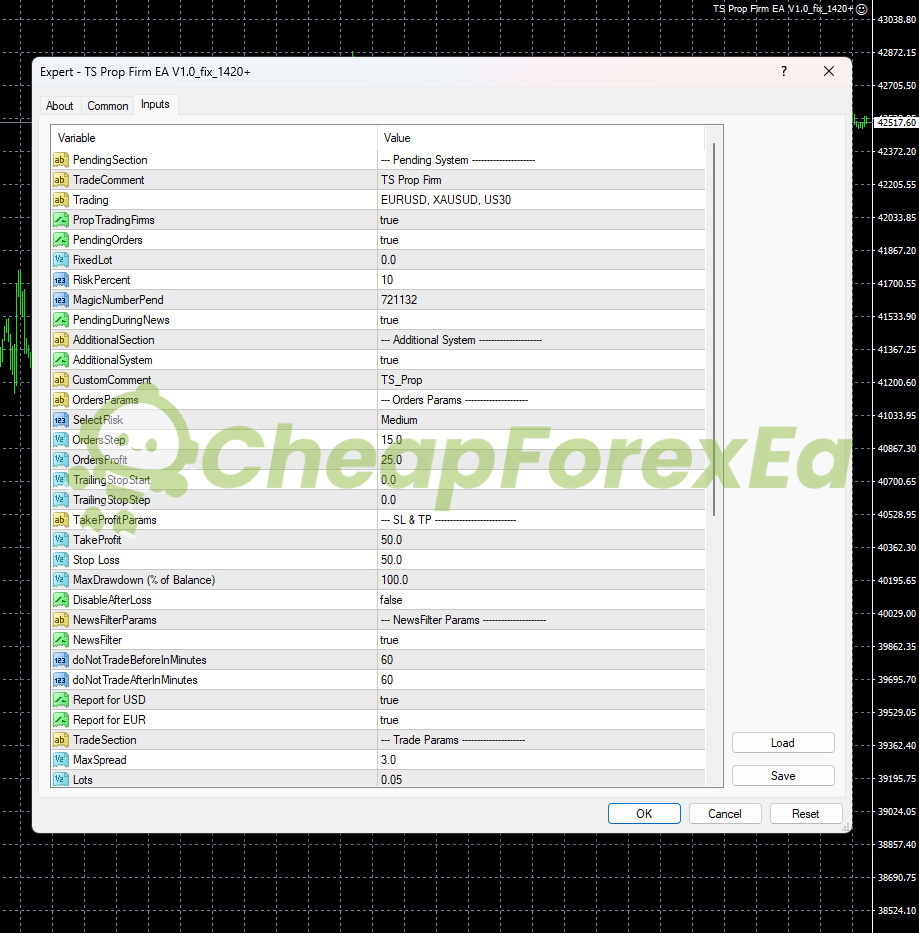 TS Prop Firm EA MT4 input parameters page 1