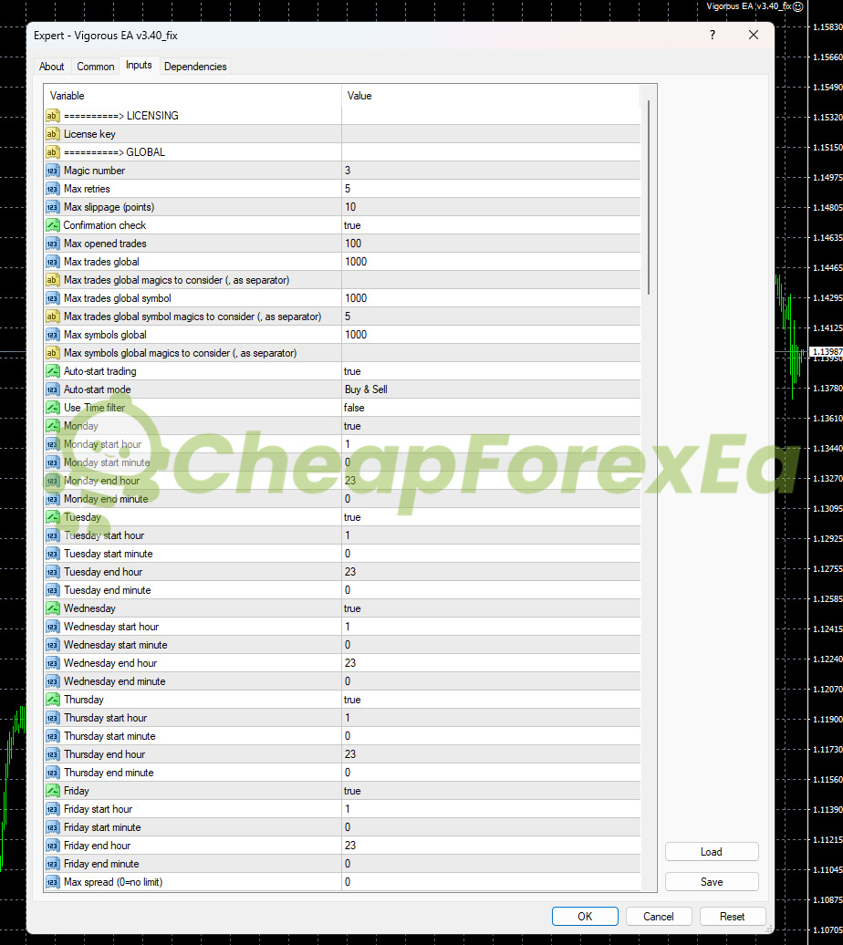 Vigorous EA MT4 input parameters page 1 - global settings magic number slippage time filter