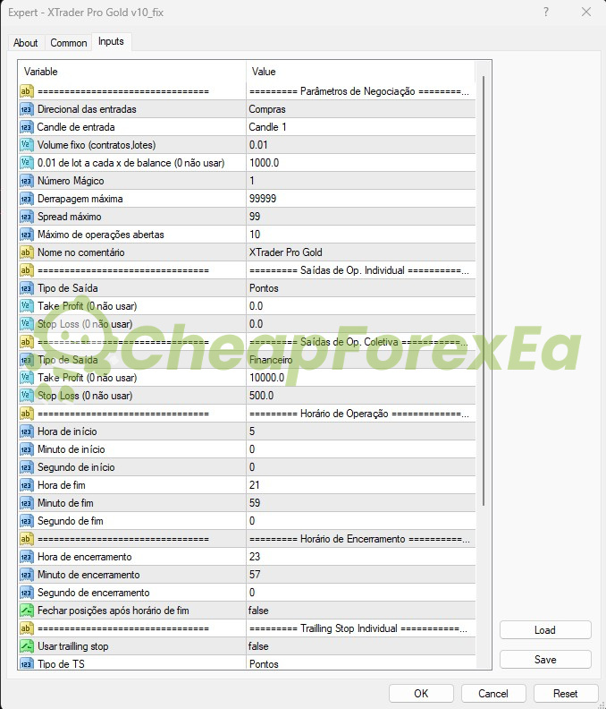 XTrader Pro Gold EA MT4 Inputs