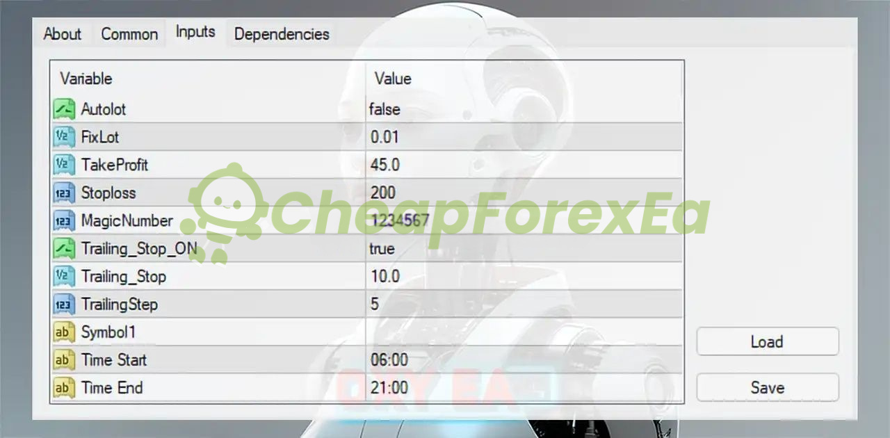 Oxy EA MT5 input parameters fixed lot 0.01 trailing stop 10 pips take profit 45 pips stop loss 200