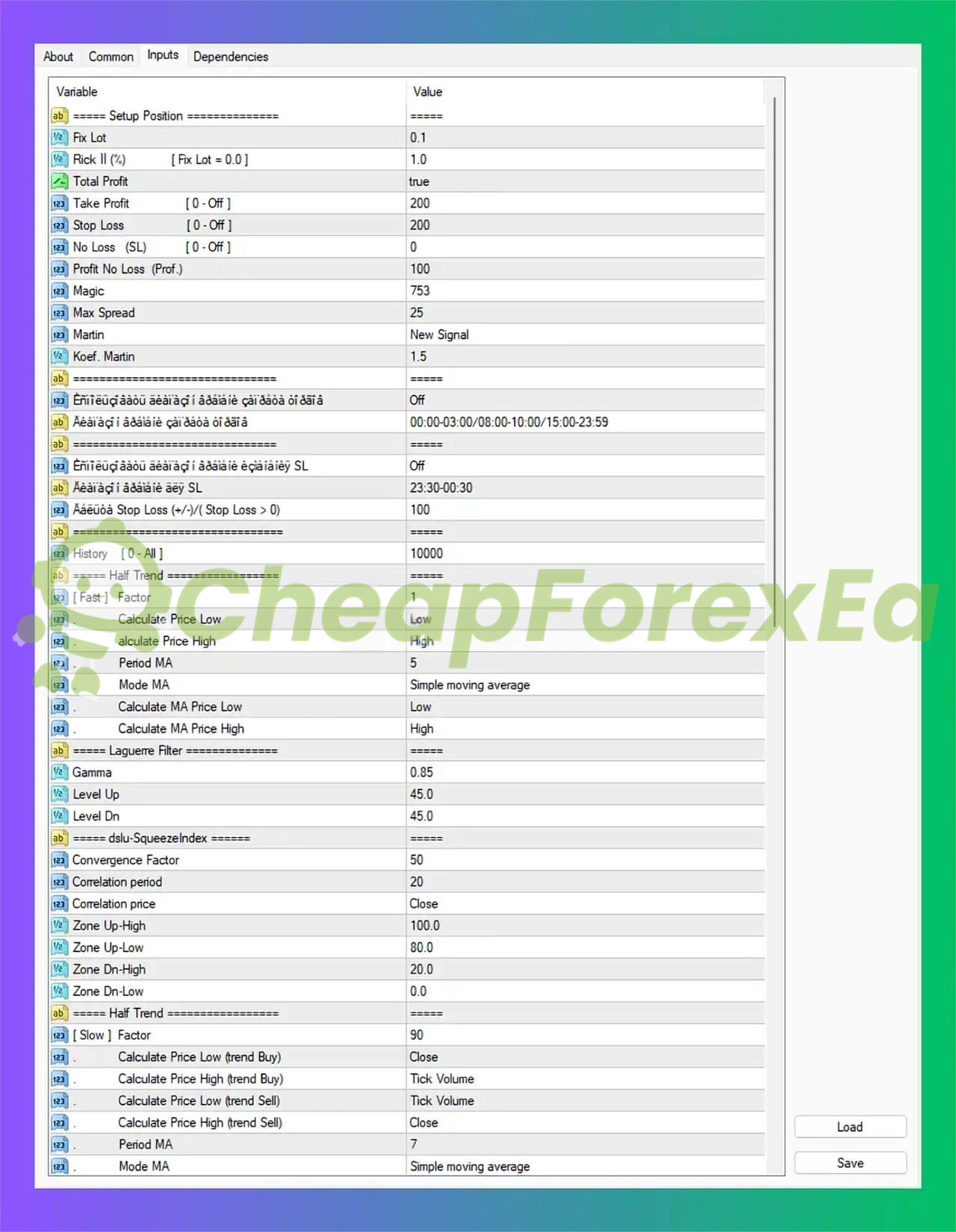 StorageFX EA MT4 input parameters showing risk management settings with 0.1 fixed lot, 200 pip TP/SL, 1.5 martingale coefficient, and Laguerre Filter gamma 0.85 configuration