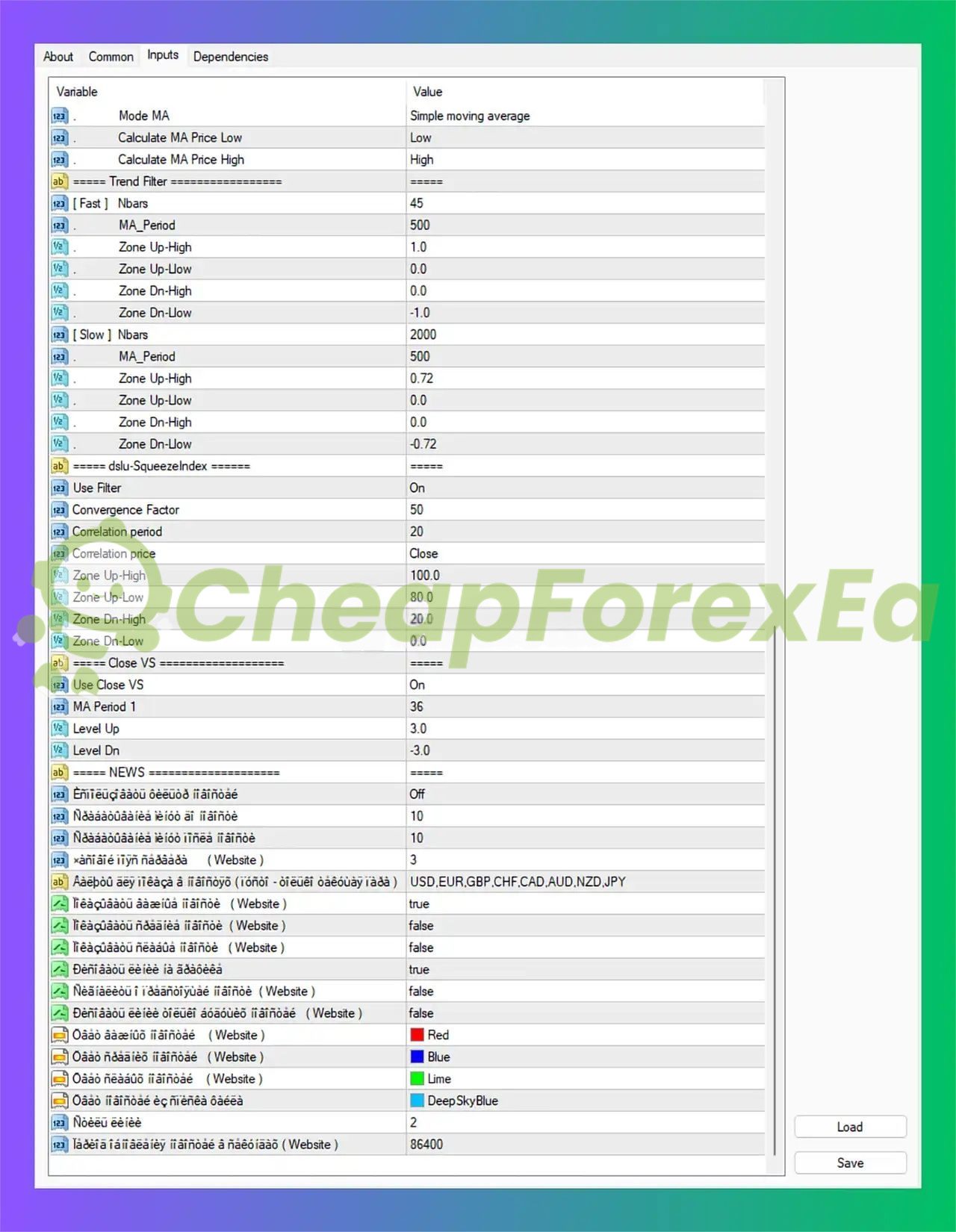 StorageFX EA advanced settings panel displaying trend filter zones, dSU-Squeeze parameters with 50 convergence factor, Close VS moving average configuration, and news filter controls for 8 major currencies