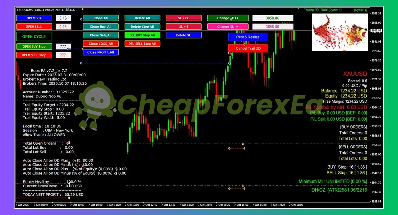 Buas EA v7.2 live account dashboard showing $1,234 balance with 100% equity health and $65 daily profit on XAUUSD trading