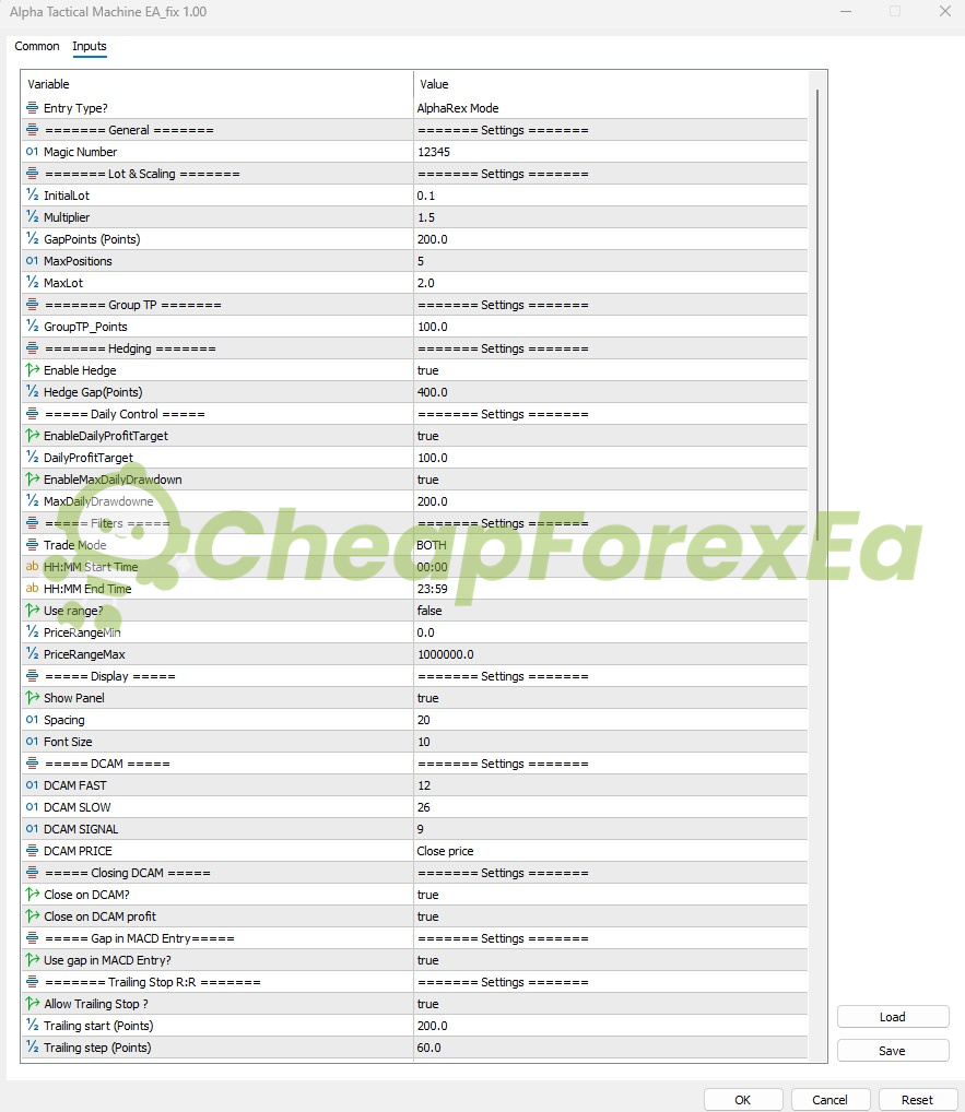 Alpha Tactical Machine EA MT5 input parameters settings panel - DCAM MACD grid configuration