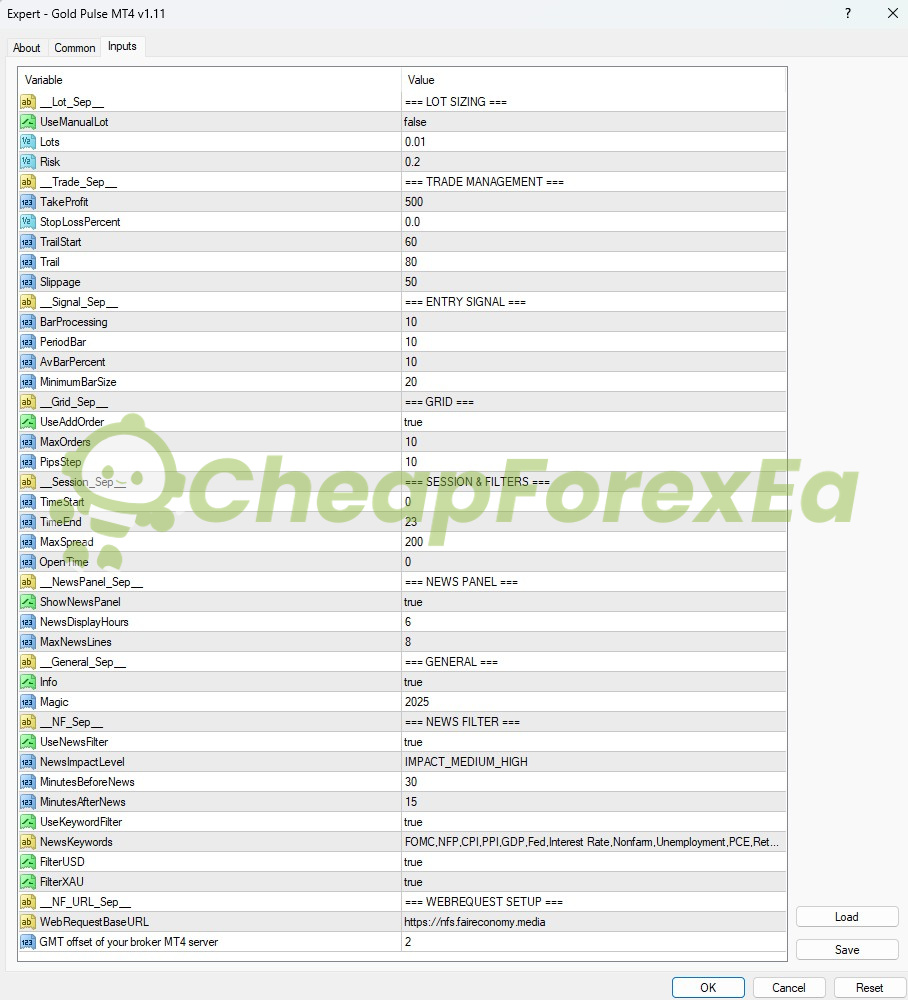 Gold Pulse EA MT4 input parameters - lot sizing, grid settings, news filter configuration