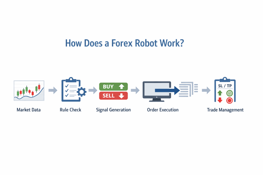 How a forex robot works: market data, trading rules, signal generation, order execution, and trade management