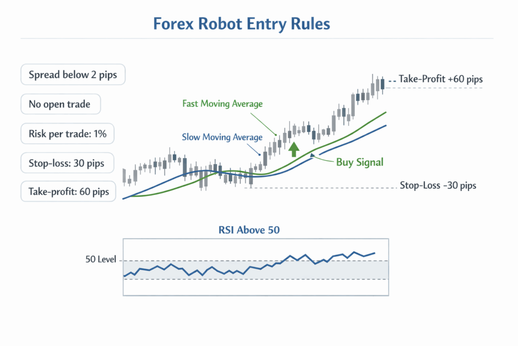 Example of a forex robot rule set using moving average crossover, RSI filter, spread limit, and risk rules