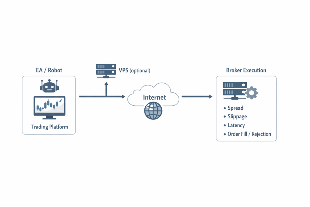 Forex robot setup showing EA on MetaTrader, optional VPS hosting, broker connection, and live execution conditions