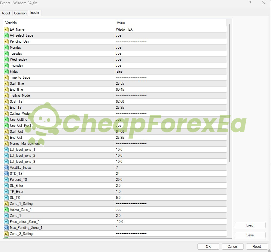 Wisdom EA MT4 input parameters showing session times trailing mode and zone settings