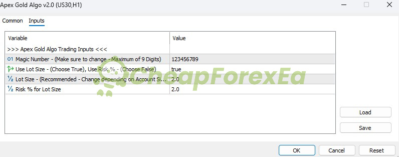 Apex Gold Algo MT5 EA input settings showing lot size, risk percentage, and magic number