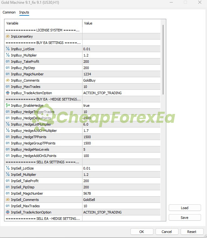 Gold Machine EA MT5 input parameters panel showing lot size, grid multiplier, hedge settings, and news filter configuration