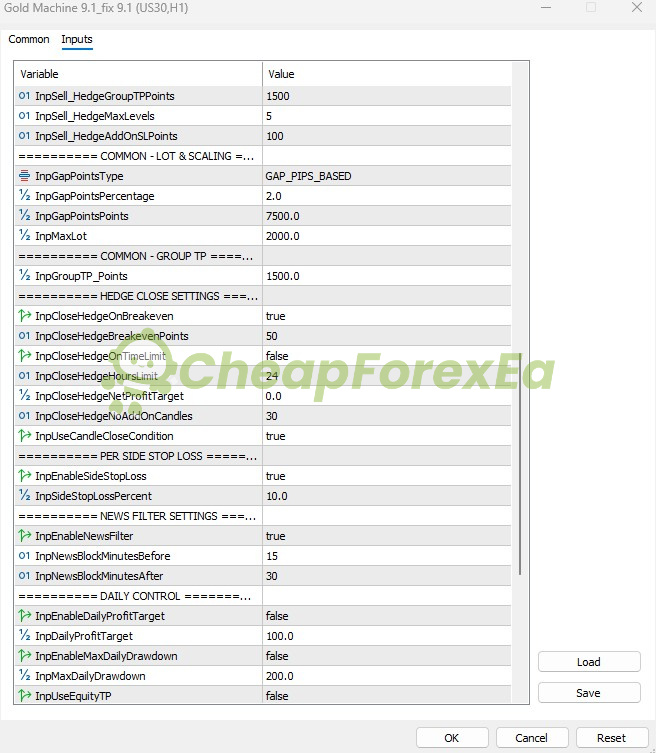 Gold Machine EA MT5 additional input parameters showing take profit, stop loss, and hedge configuration