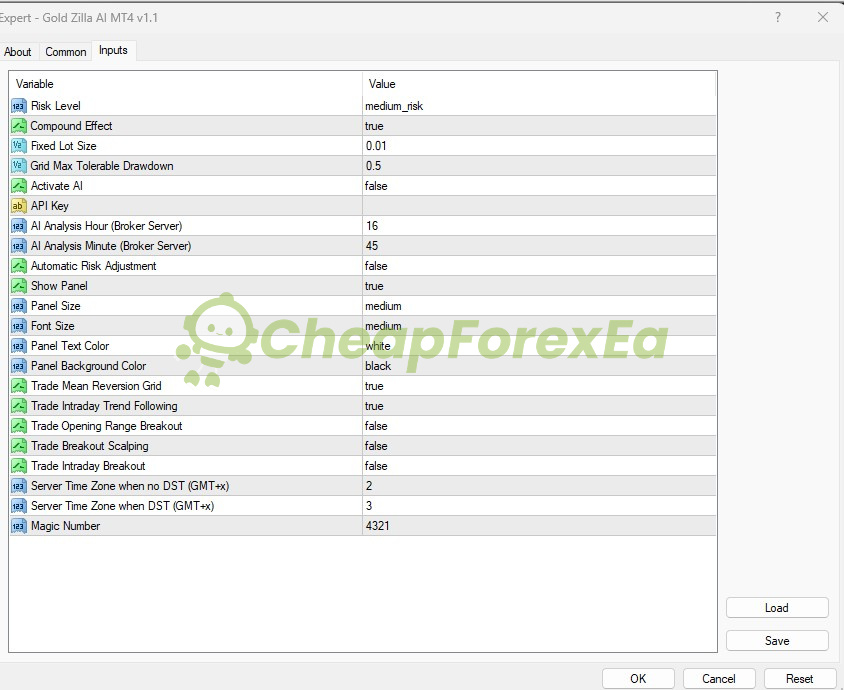 Gold Zilla AI MT4 EA input parameters and settings panel