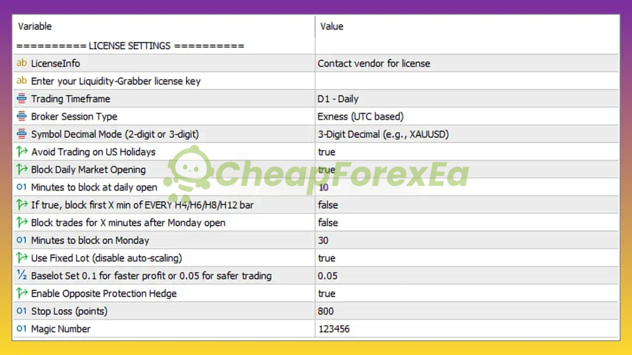 Liquidity Grabber Pro EA MT5 settings panel showing documented input parameters and risk controls
